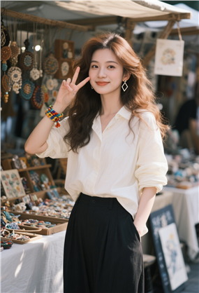 艺术集市手工摊位衬衫卷发美女图片